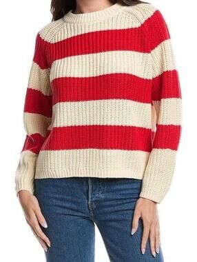 Velvet by Graham Spencer Women Small Ciara Red Ivory Stripe Cotton Sweater $169